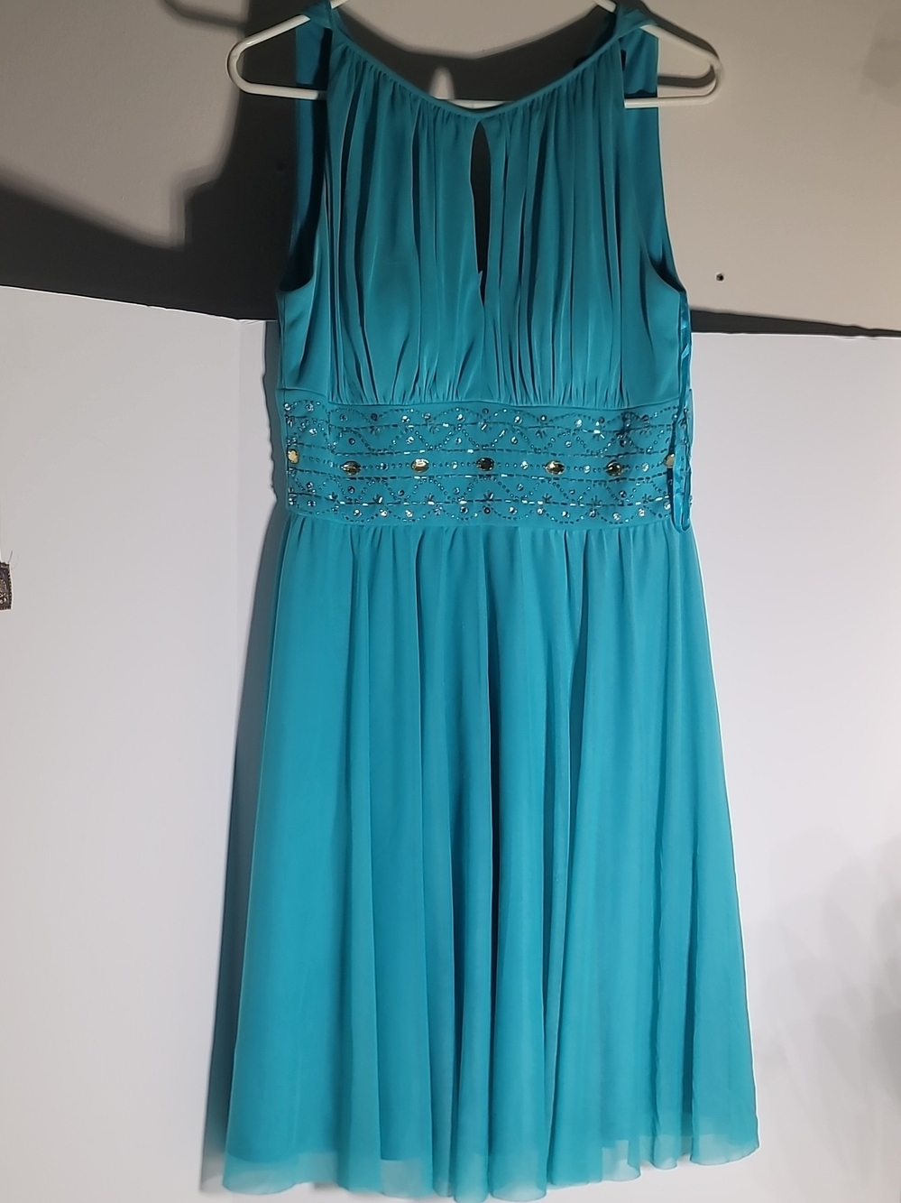 Teal Sleeveless Beaded Waist A-Line Dress